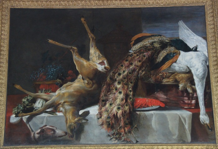 dead deer, peacock, and swan